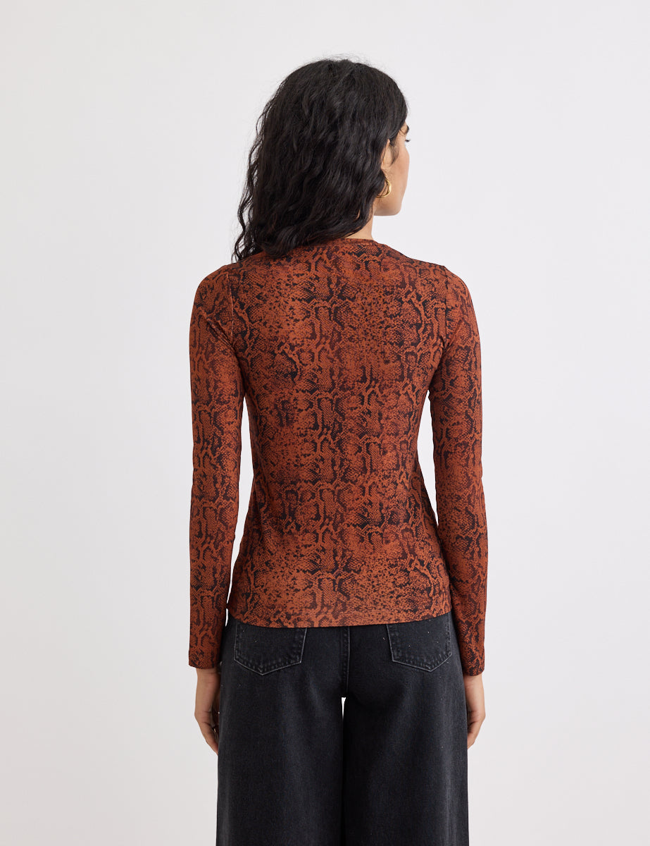 Brown Snake Print Long Sleeve Top