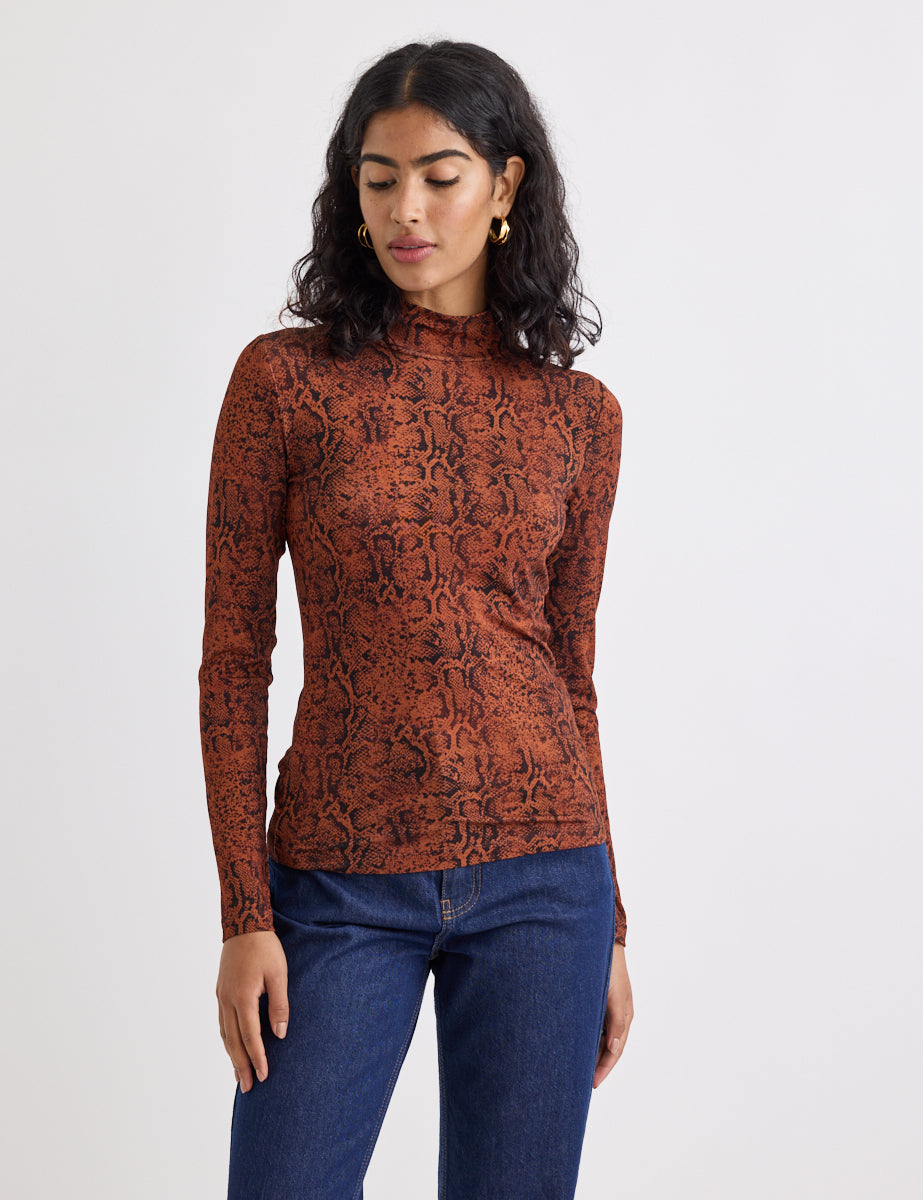 Brown Snake Print Funnel Neck Long Sleeve Top