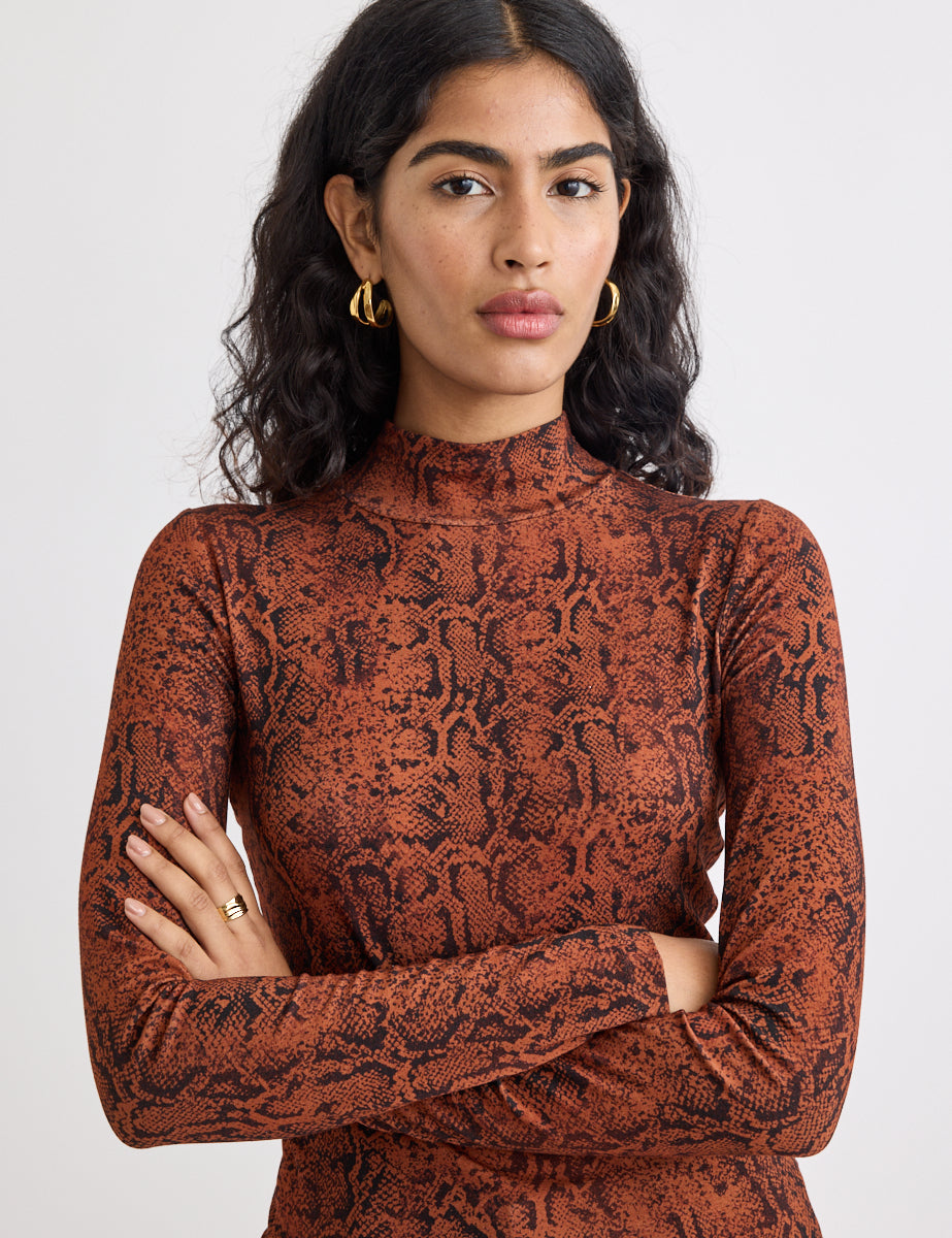 Brown Snake Print Funnel Neck Long Sleeve Top