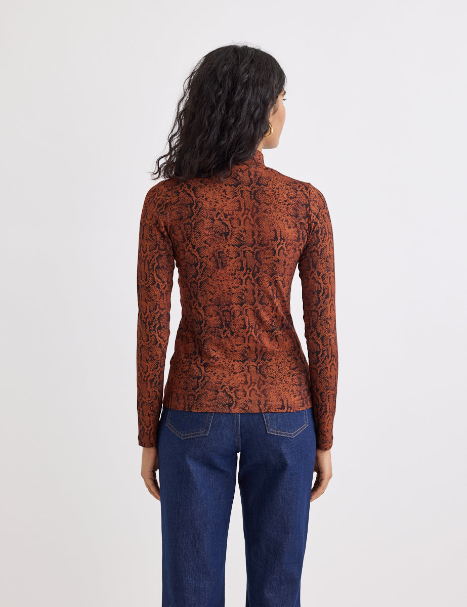 Brown Snake Print Funnel Neck Long Sleeve Top