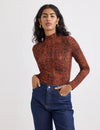 Brown Snake Print Funnel Neck Long Sleeve Top