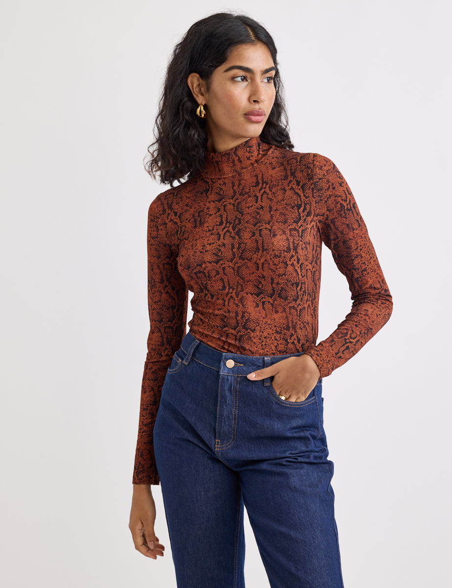 Brown Snake Print Funnel Neck Long Sleeve Top