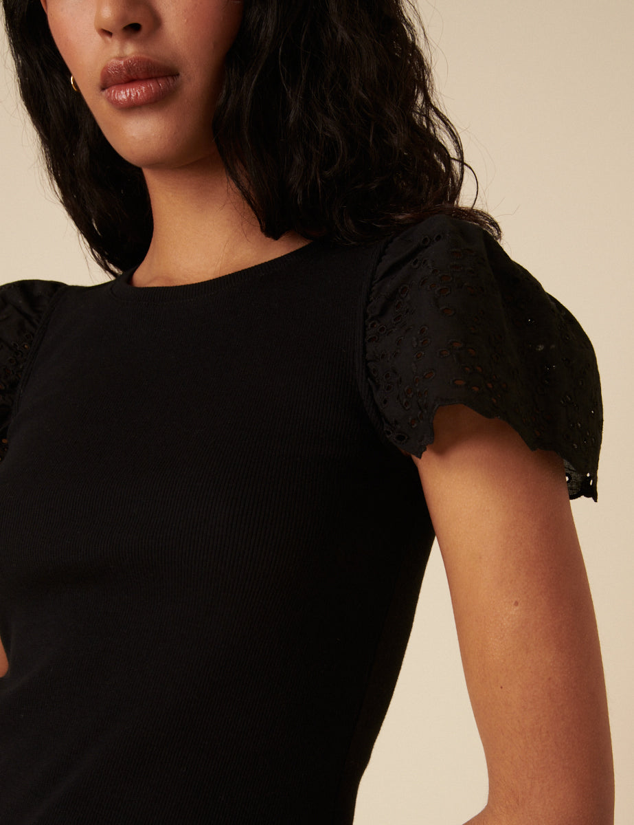 Black Broderie Sleeve Top