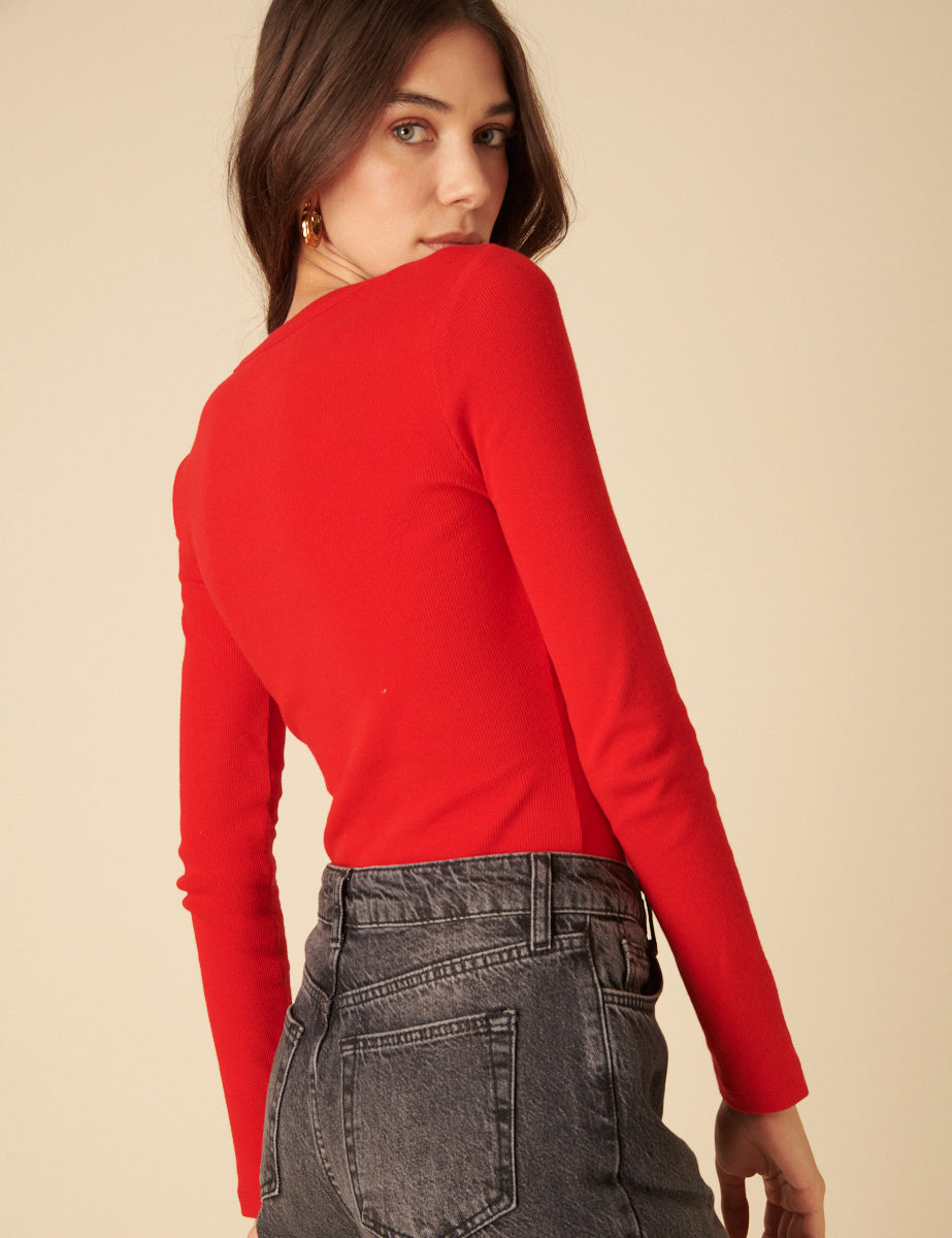 Red Scoop Neck Button Through Top