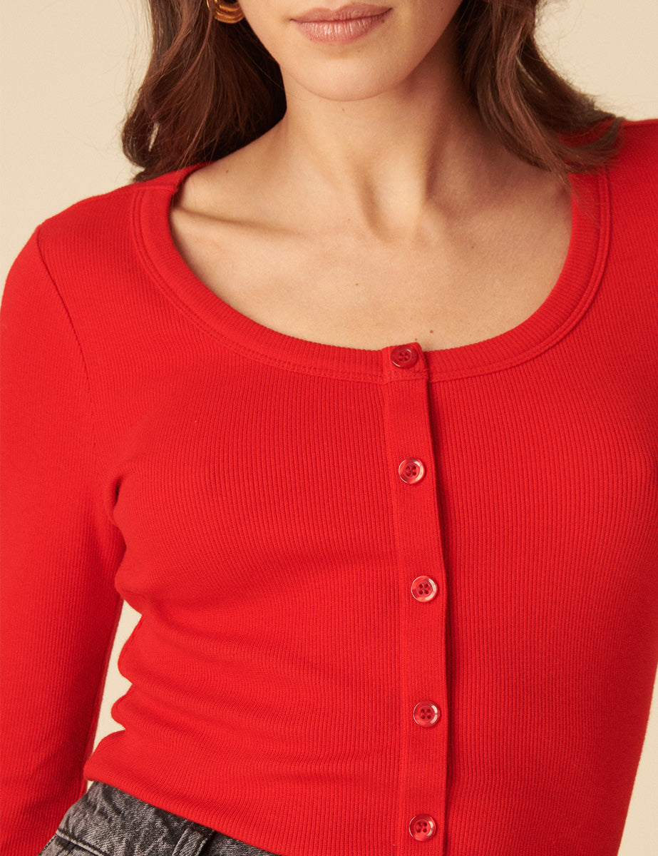 Red Scoop Neck Button Through Top