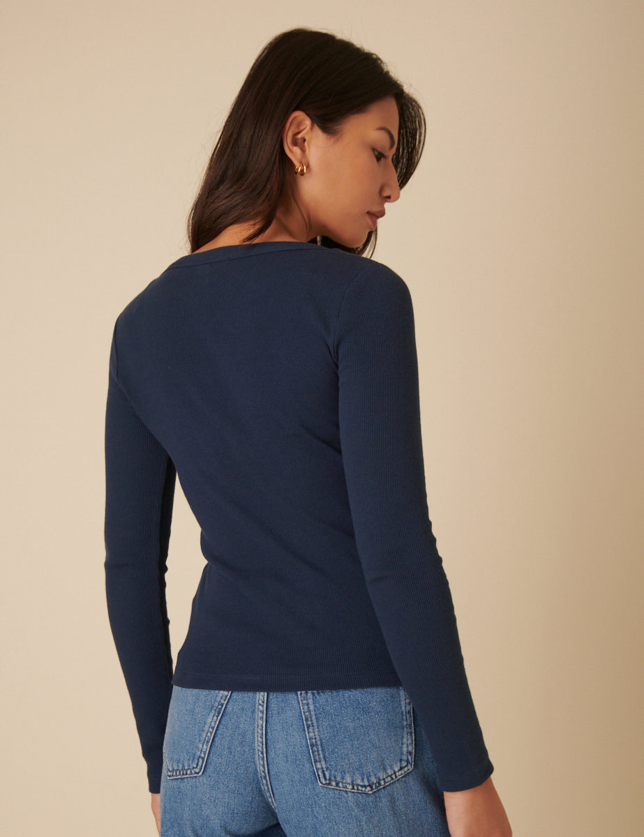 Blue Scoop Neck Button Through Top