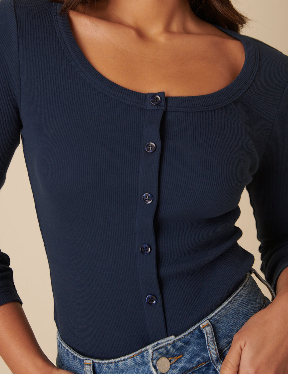 Blue Scoop Neck Button Through Top