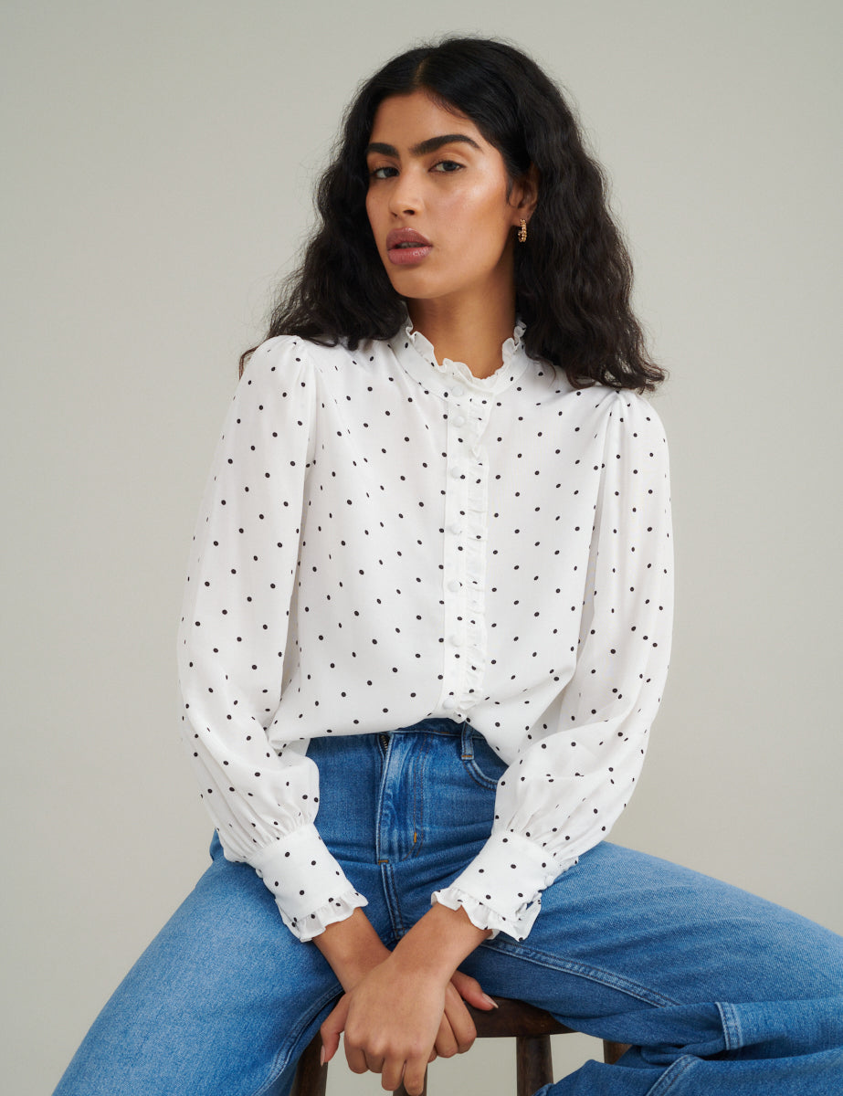 White Polka Dot Frill Blouse