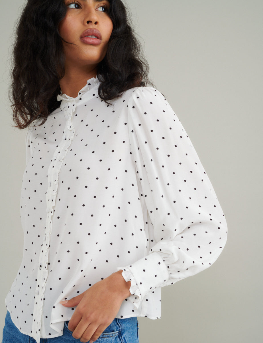 White Polka Dot Frill Blouse