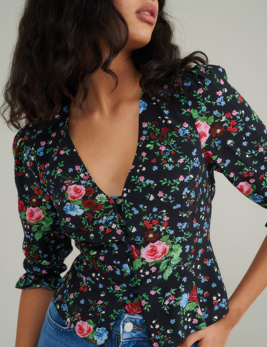 Black Ditsy Floral Blouse