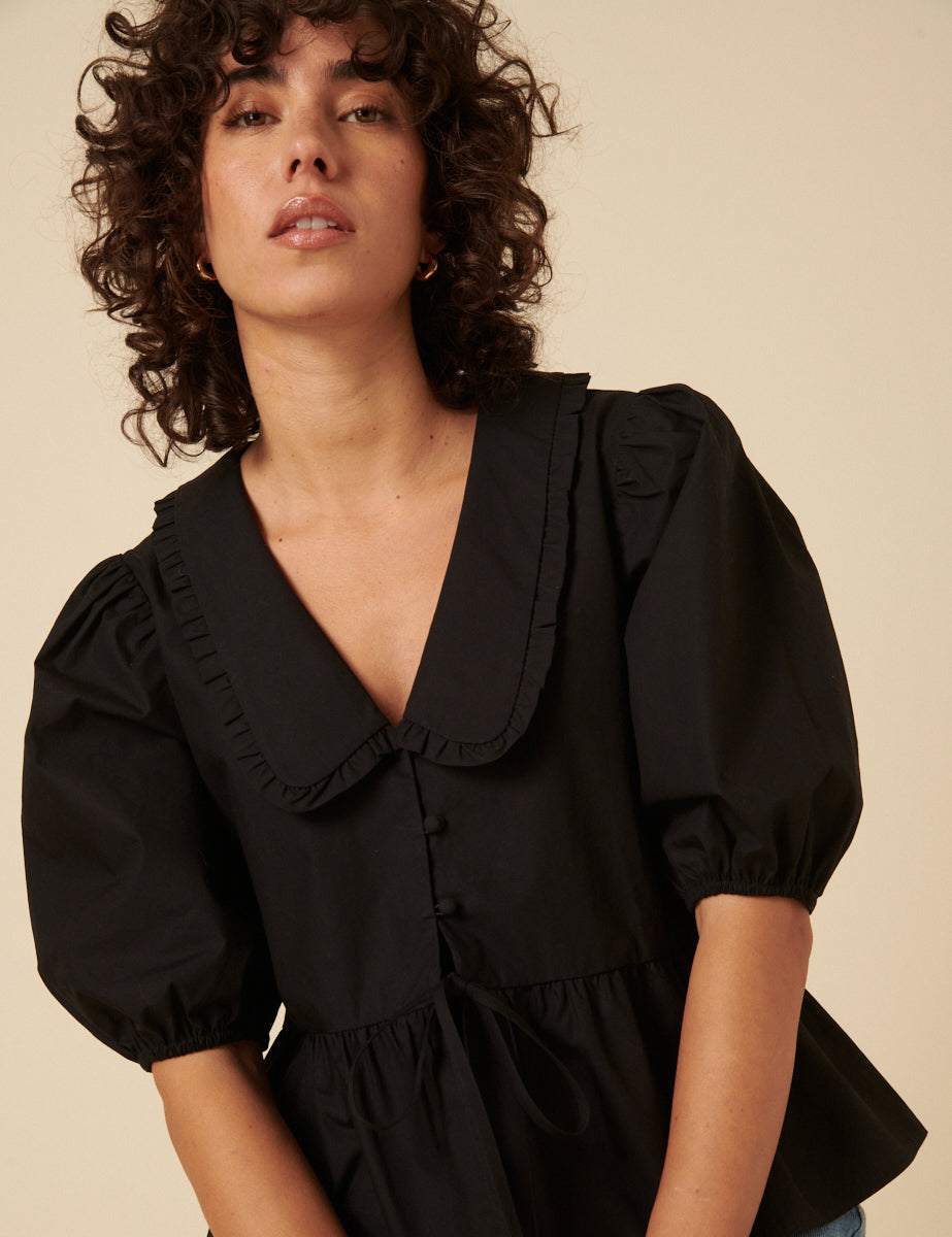 Black Puff Sleeve Tie Front Blouse