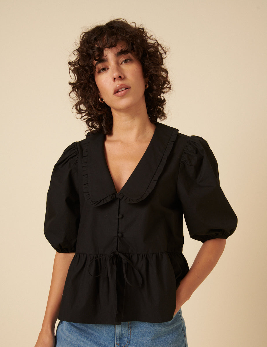 Black Puff Sleeve Tie Front Blouse