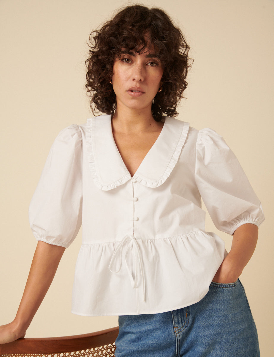 White Puff Sleeve Tie Front Blouse