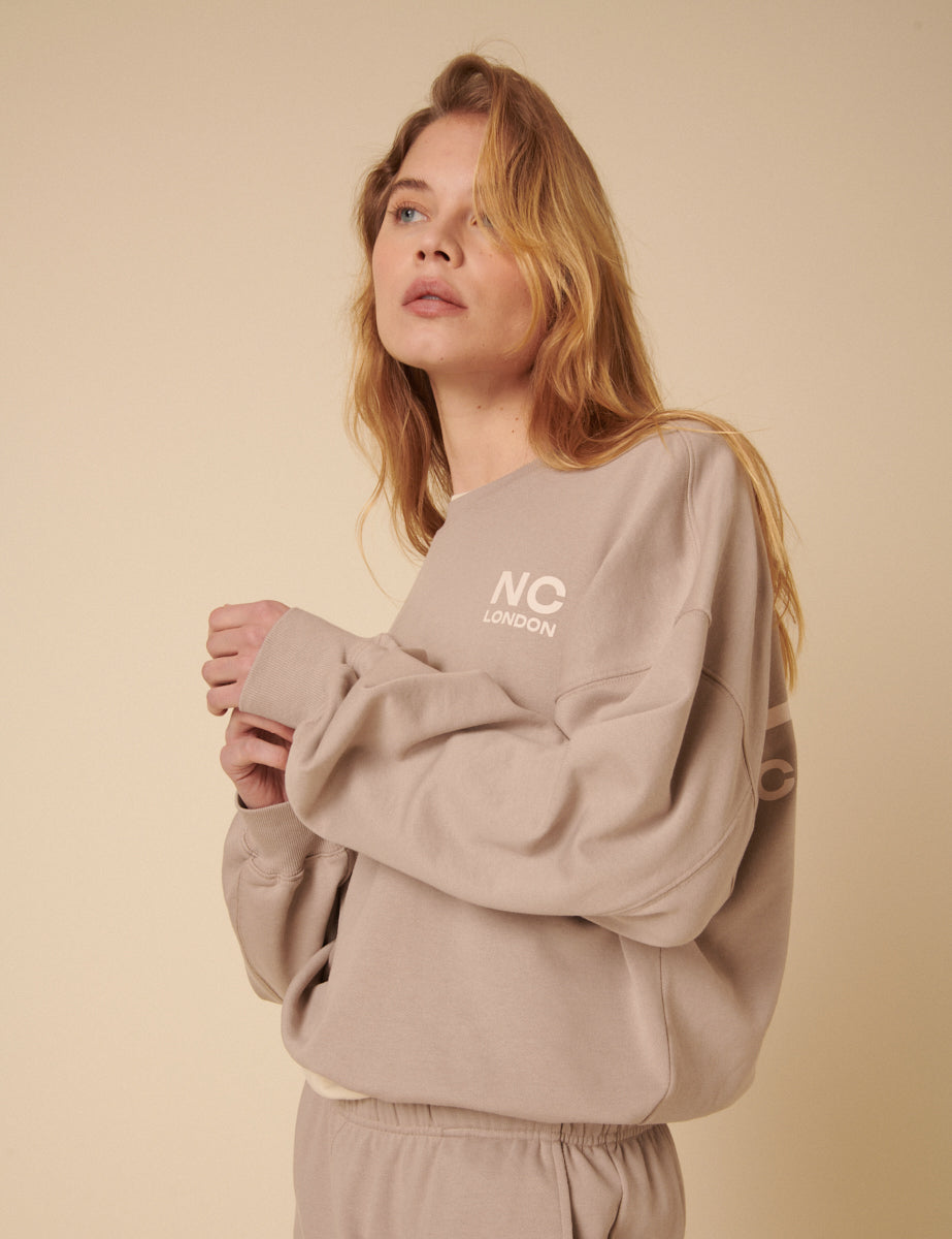 Beige Drop Shoulder Graphic Sweatshirt