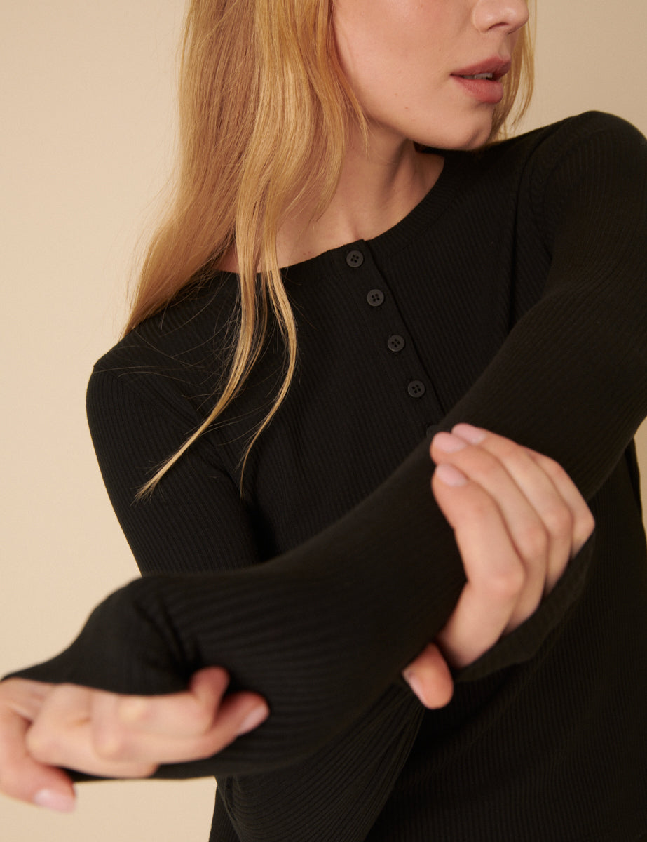 Black Ribbed Long Sleeve T-Shirt