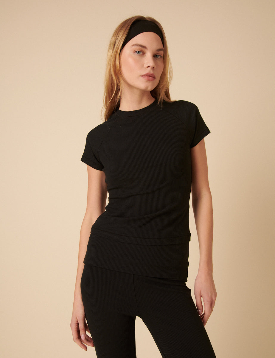 Black Ribbed Short Sleeve T-Shirt