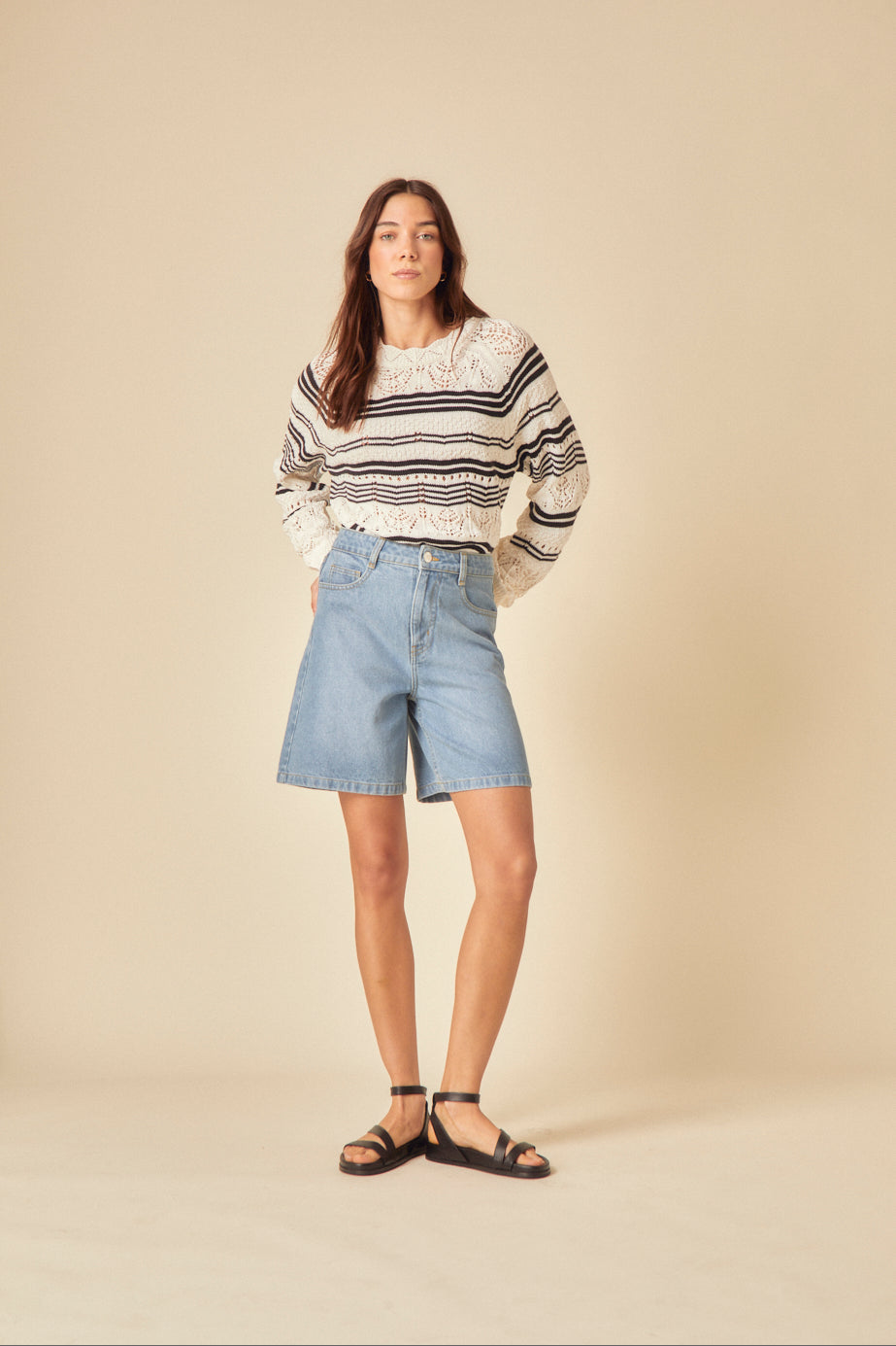 Cream and Black Stripe Mock Crochet Jumper