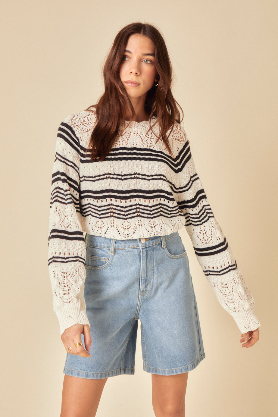 Cream and Black Stripe Mock Crochet Jumper