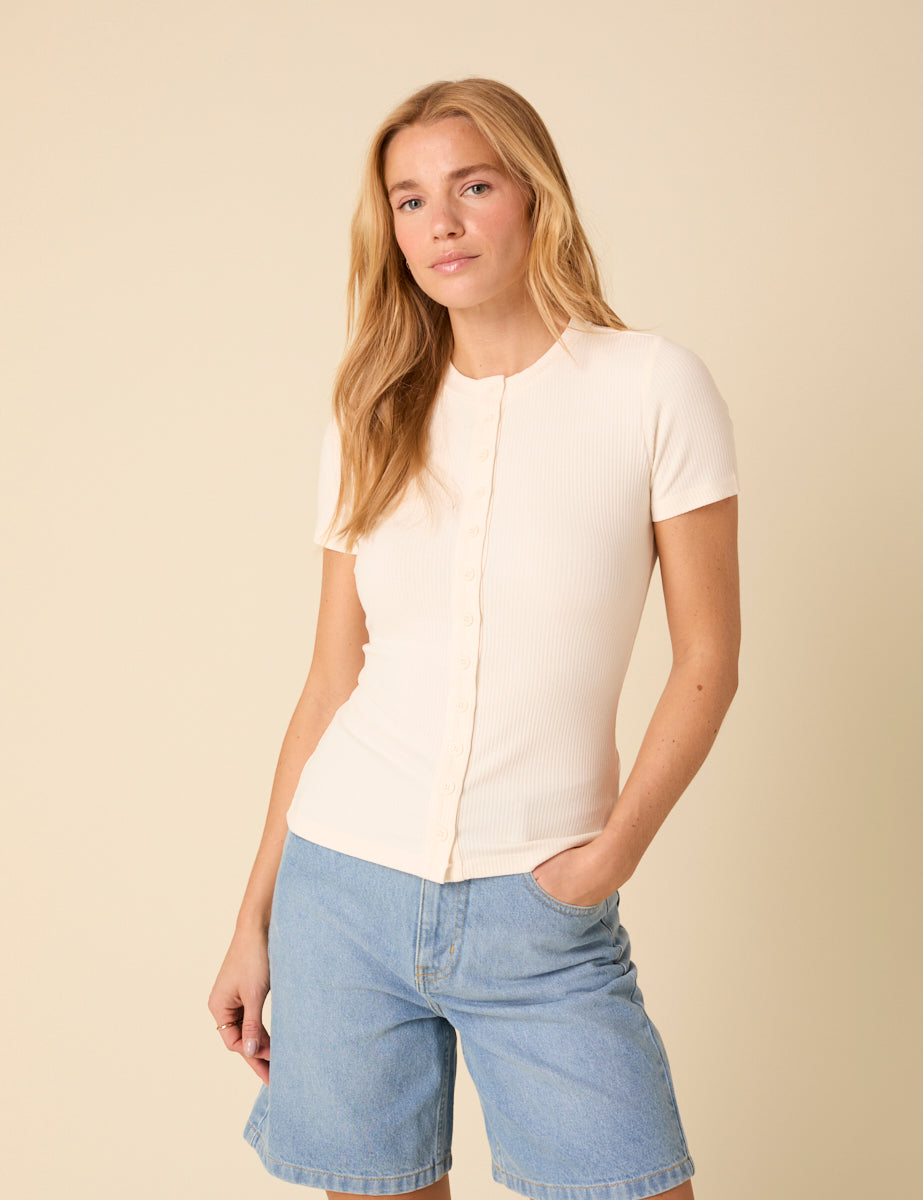 White Ribbed Button Down Jersey Top