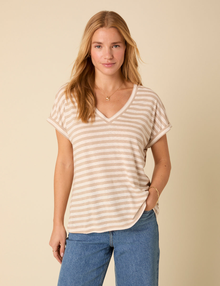 Beige And White Striped V-neck T-Shirt