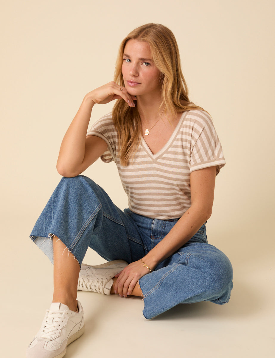 Beige And White Striped V-neck T-Shirt