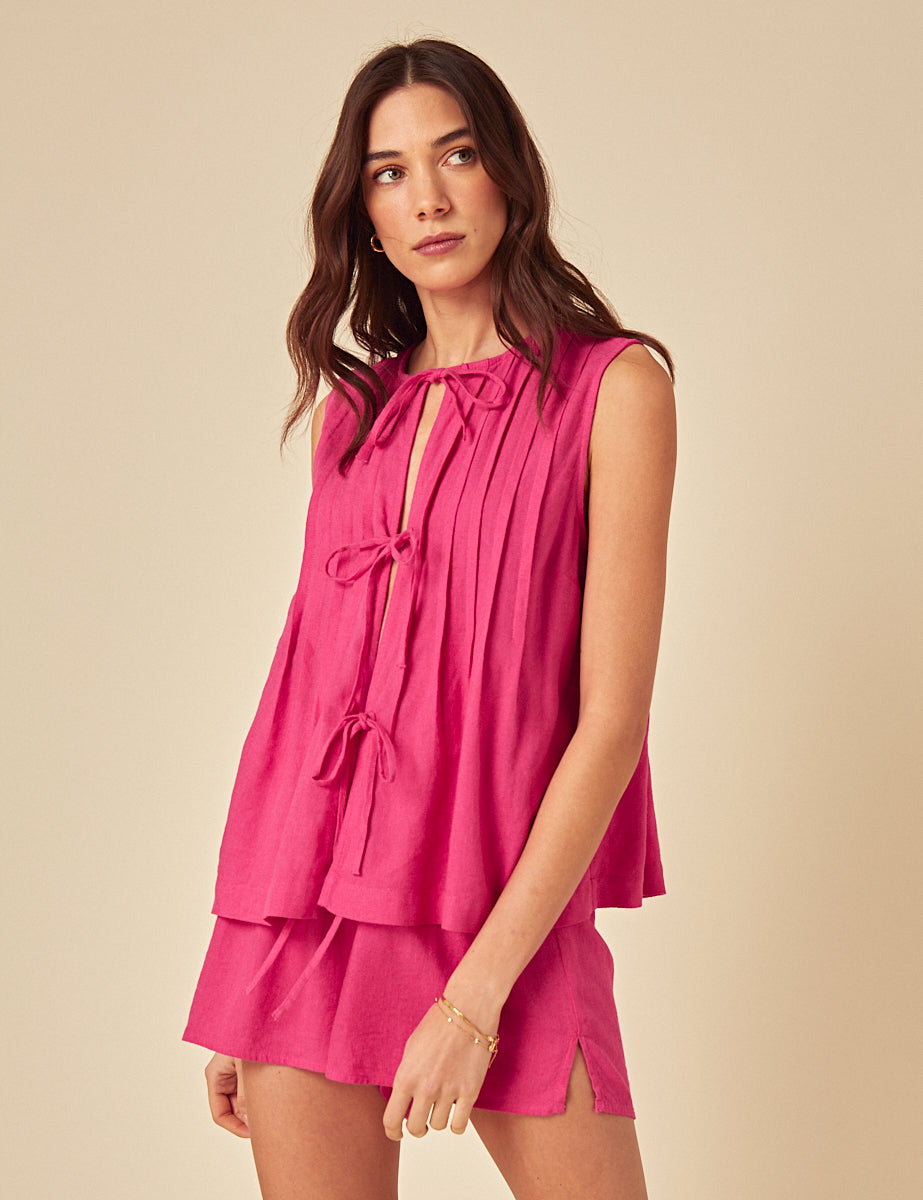 Secondary image ofPink Linen-blend Tie Front Top