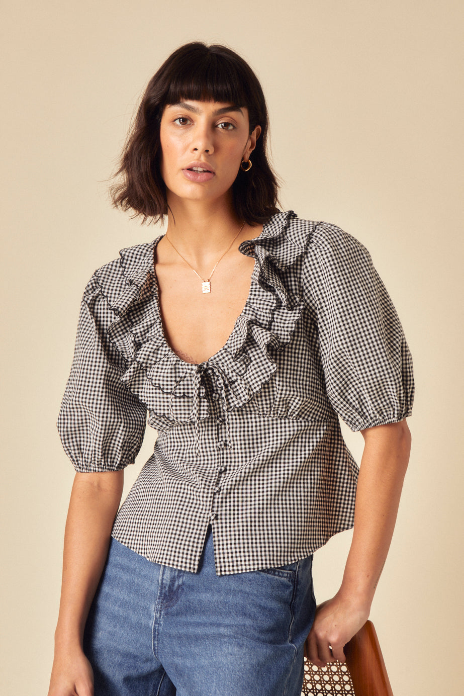 Black Gingham Frill Top