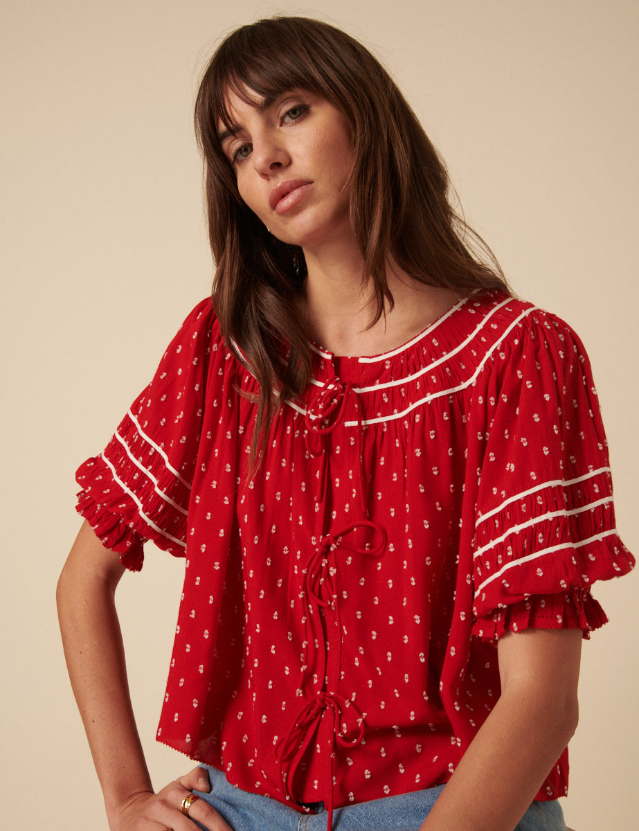 Red Tie Front Dobby Embroidered Blouse