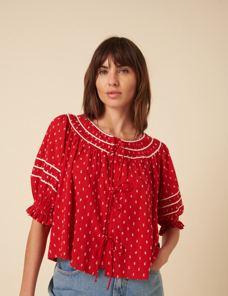 Red Tie Front Dobby Embroidered Blouse