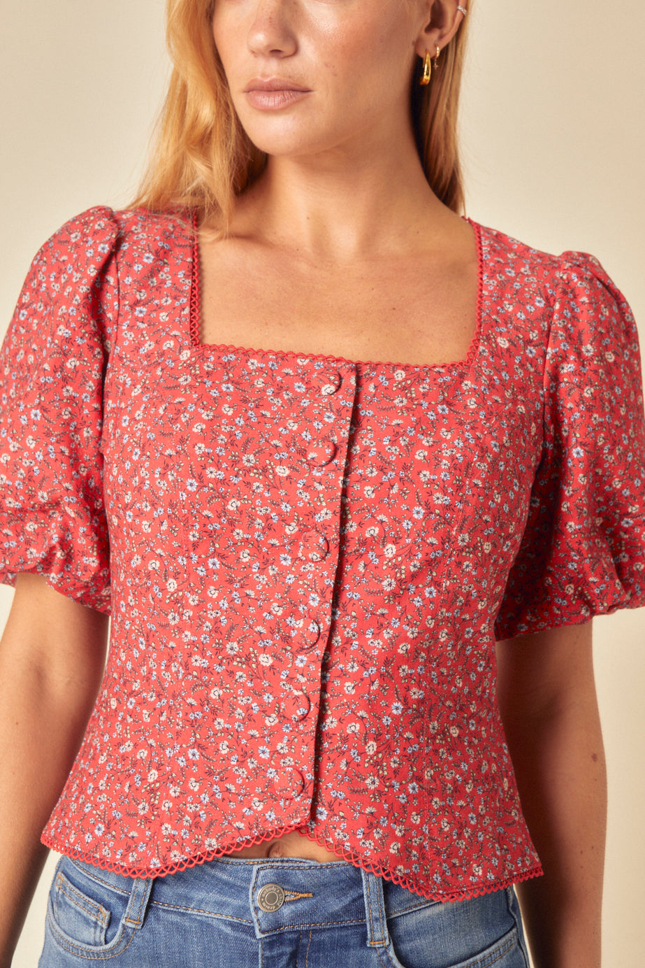 Red Floral Linen-blend Puff Sleeve Top