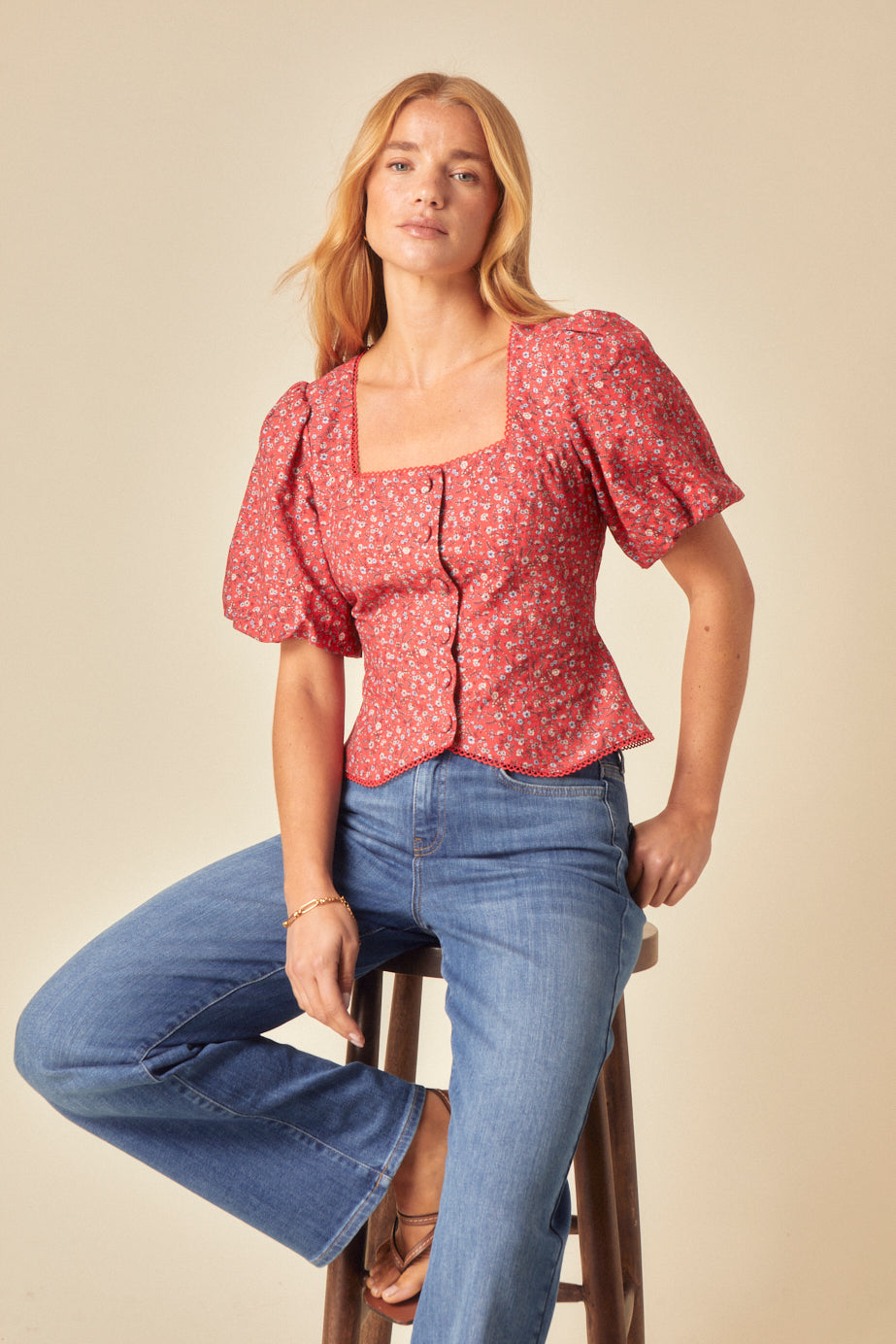 Red Floral Linen-blend Puff Sleeve Top