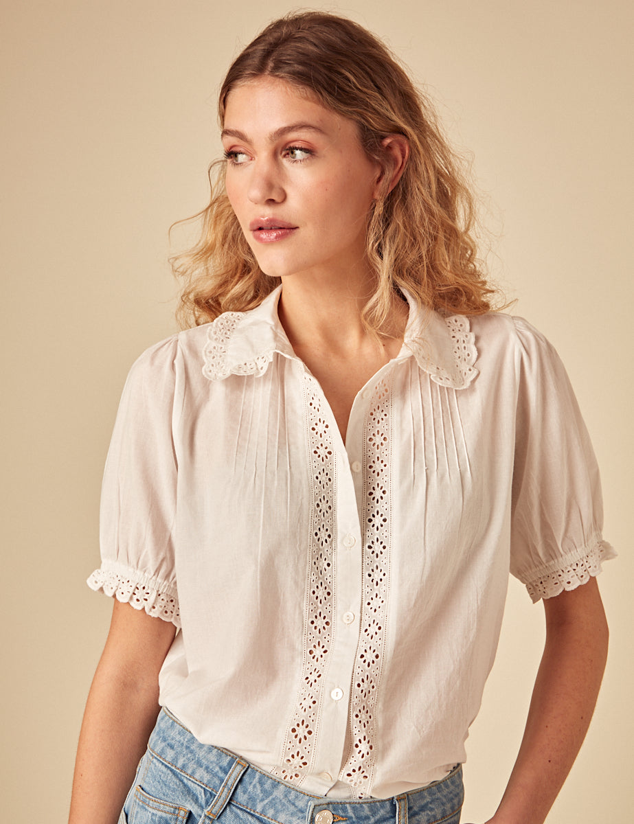 White Short Sleeve Broderie Anglaise Blouse