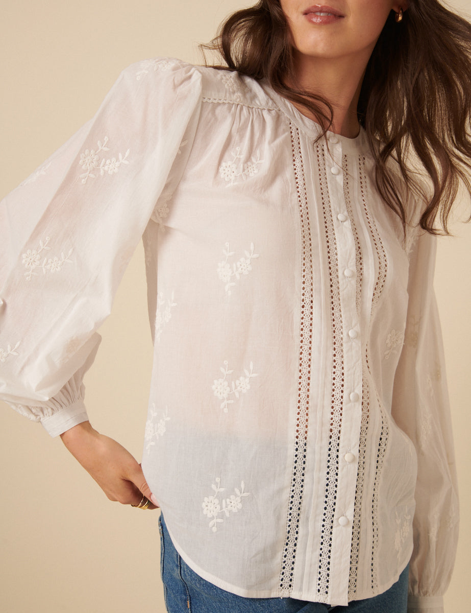 White Floral Embroidered Broderie Anglaise Blouse