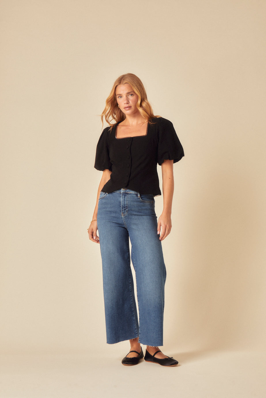 Black Linen-blend Puff Sleeve Top