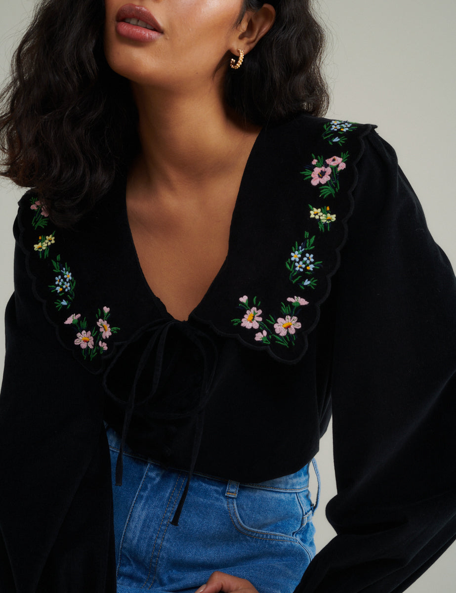 Black Velvet Embroidered Birdie Blouse