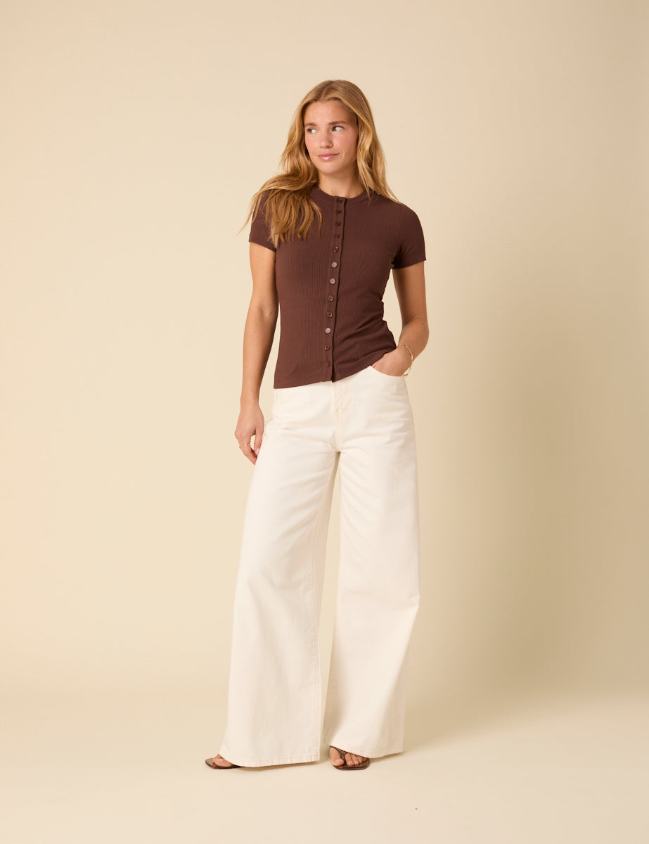 Brown Ribbed Button Down Jersey Top