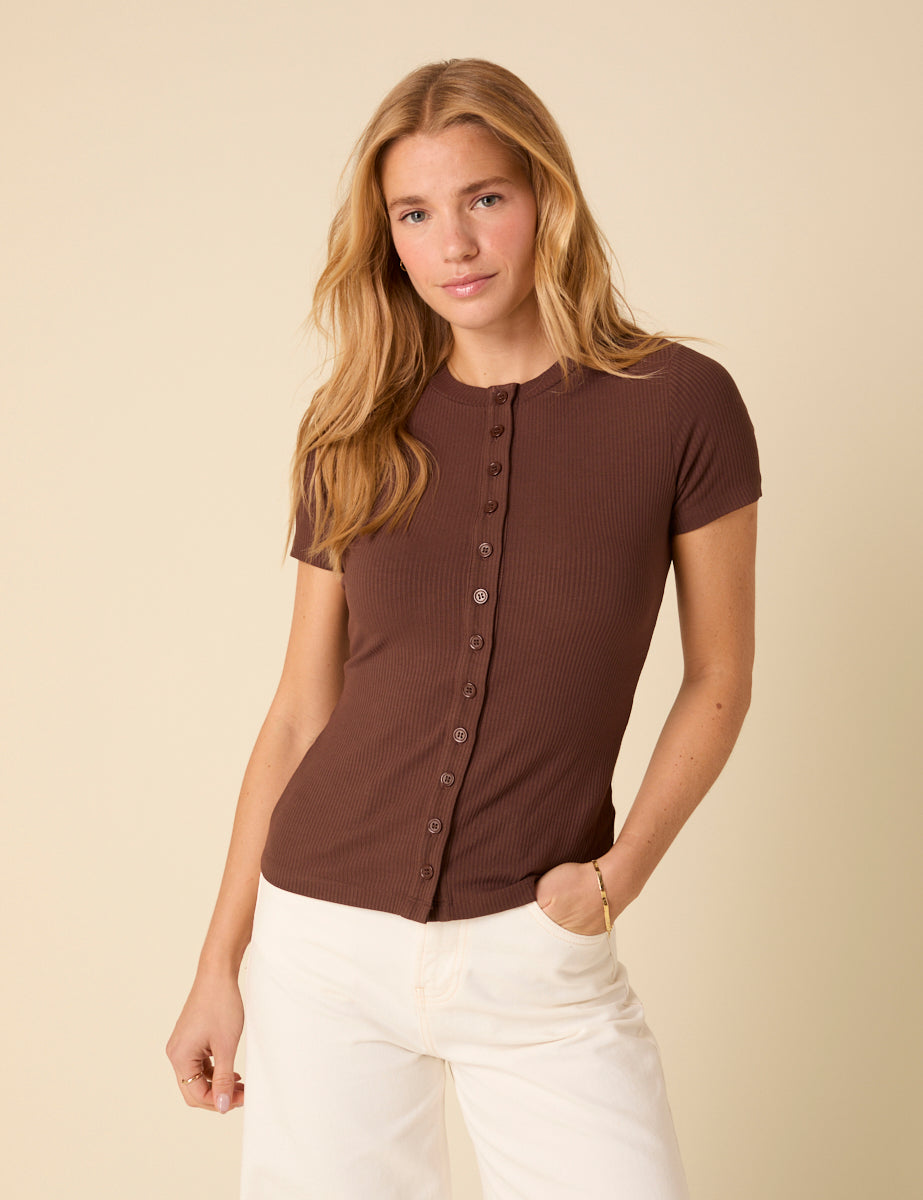 Brown Ribbed Button Down Jersey Top