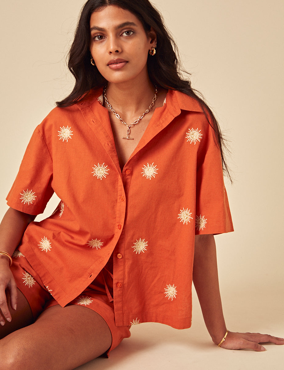 Orange Linen-blend Embroidered Jay Shirt