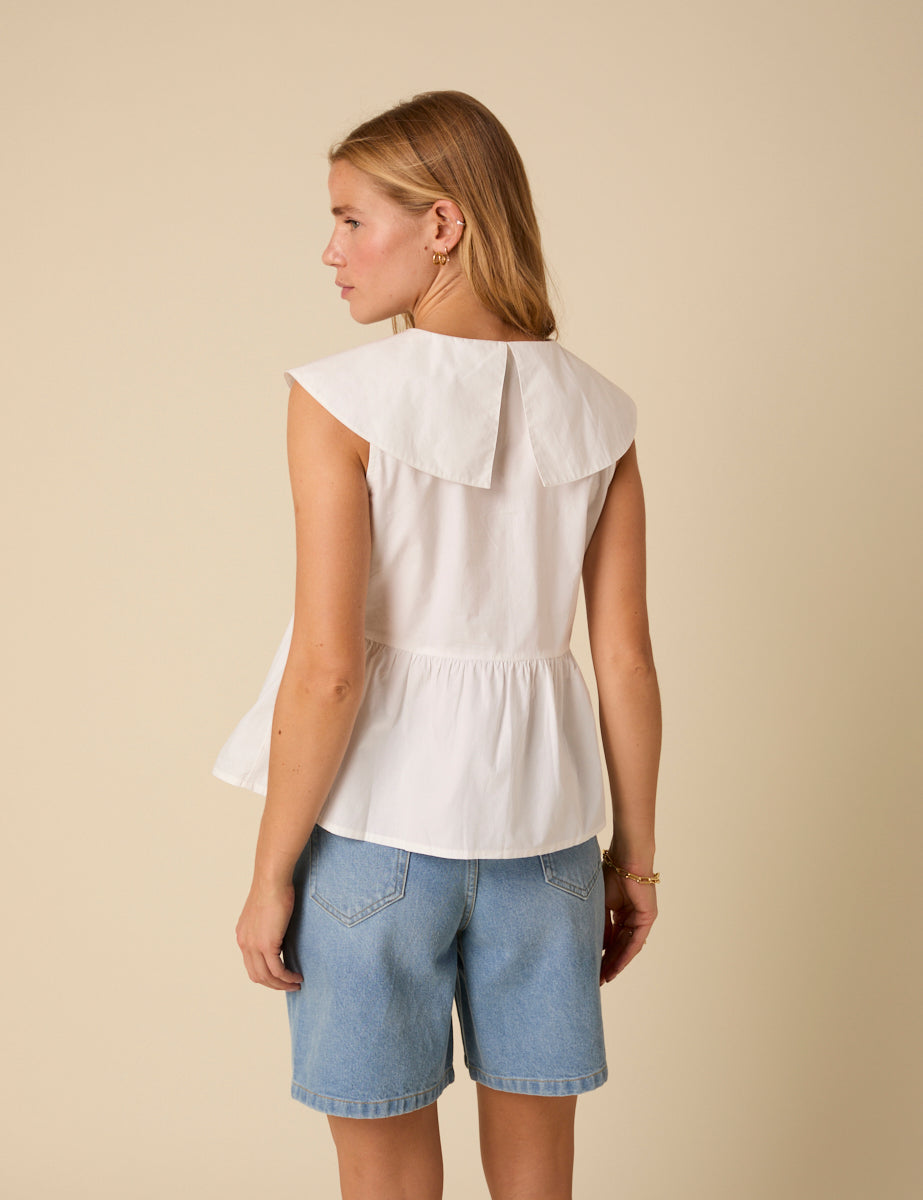 White Tie Front Collared Blouse