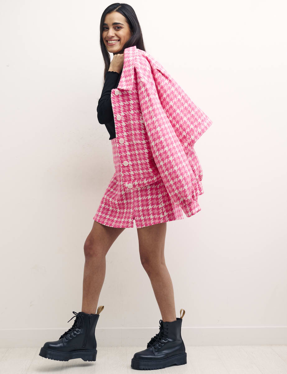 Pink Dogtooth Check Pearl Mini Skirt