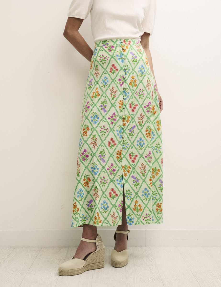 Green Floral Trellis Midi Skirt