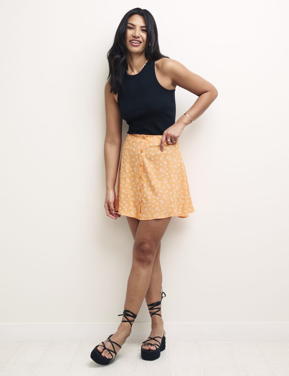 Orange Ditsy Floral Button Through Michael Mini Skirt