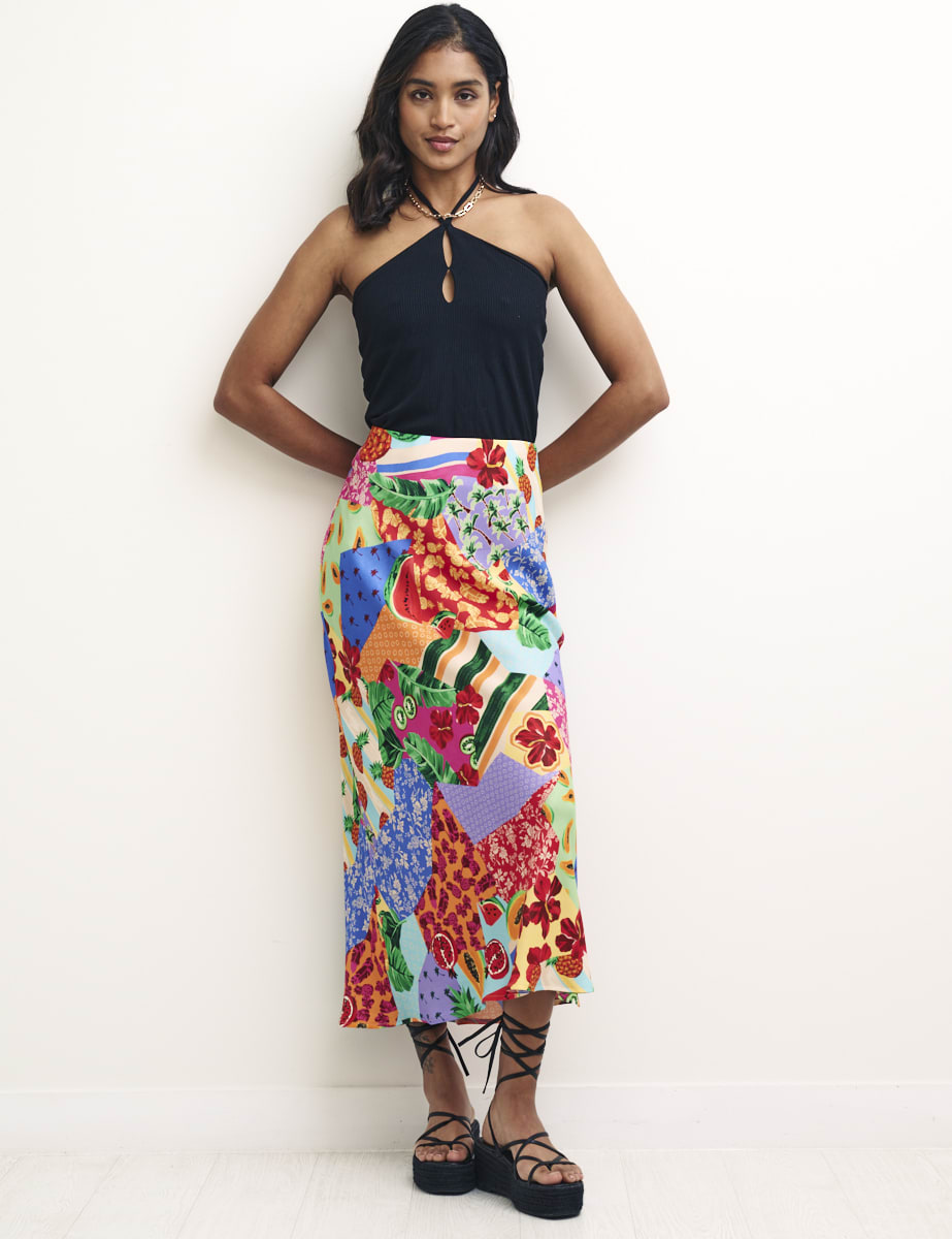 Fruit Patchwork Print Mila Satin Slip Midi Skirt