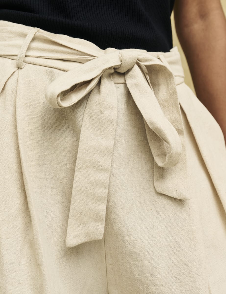 Cream Linen-blend Tie Waist Paper Bag Shorts