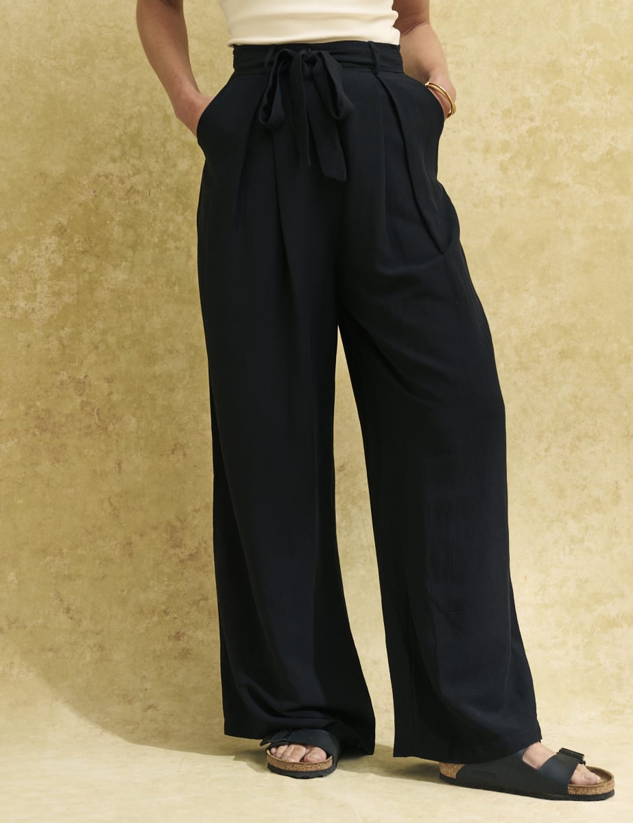 Black Linen-blend Tie Belt Trousers