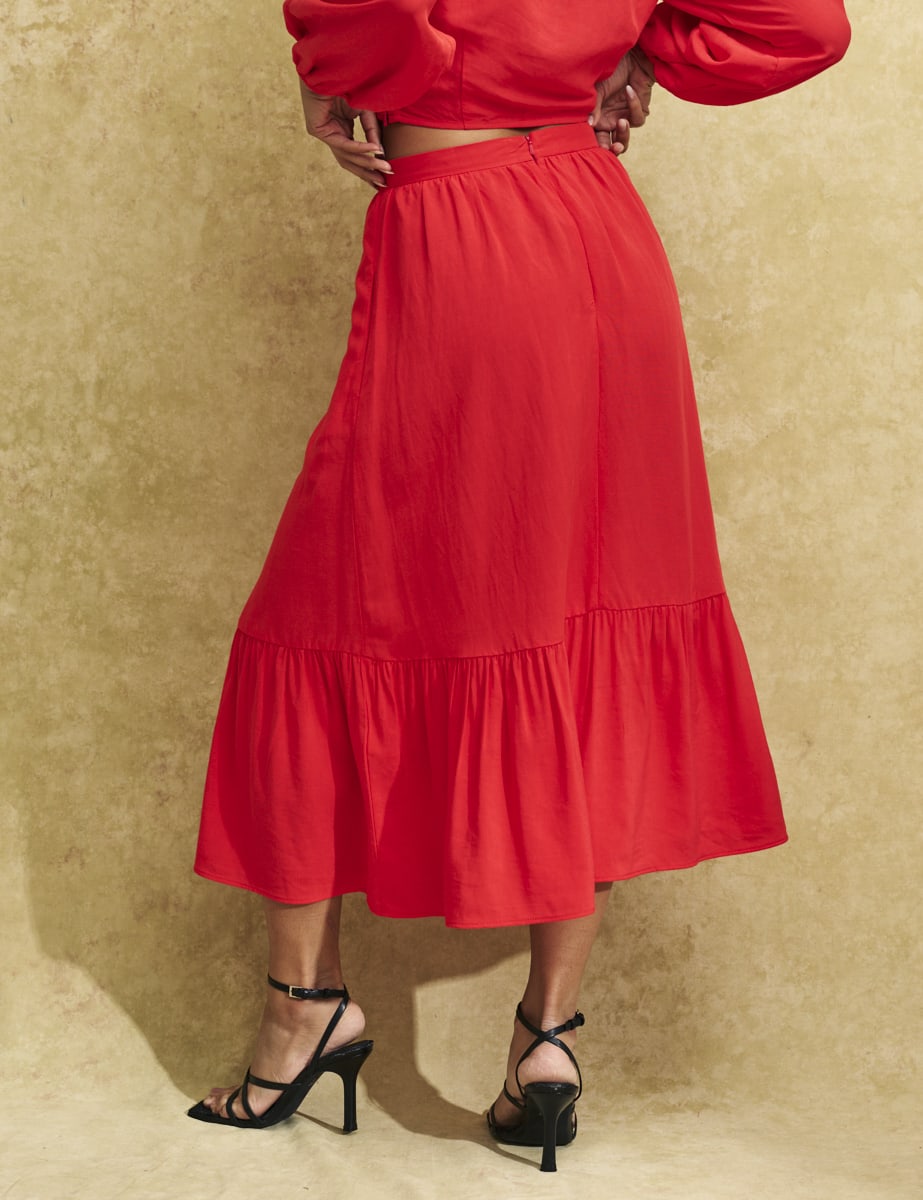 Red Linen-blend Bianca Midi Skirt