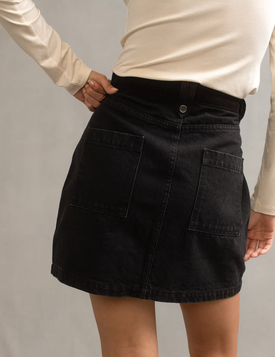 Black denim skirt with buttons down the front hotsell