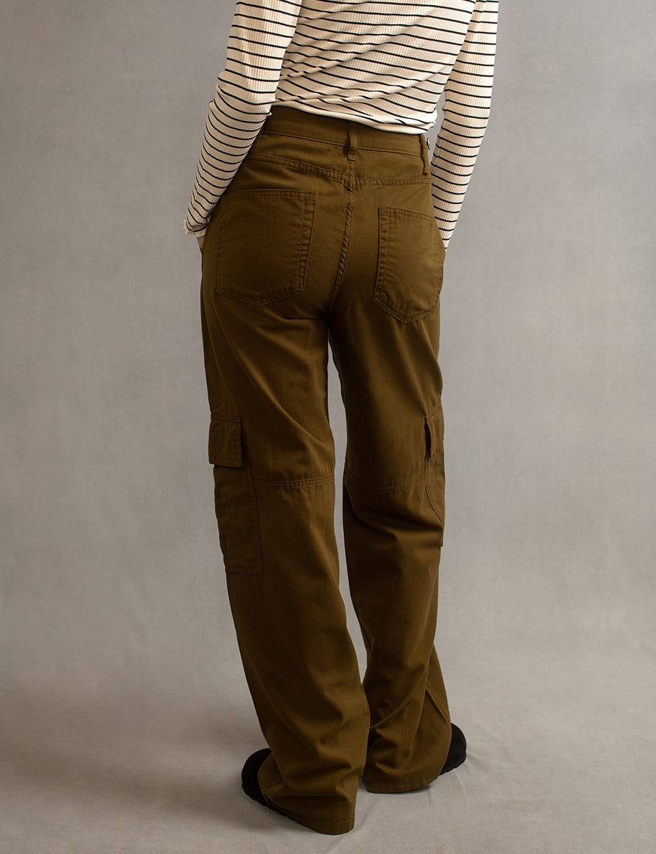 Khaki Green Cargo Utility Straight Leg Twill Trousers