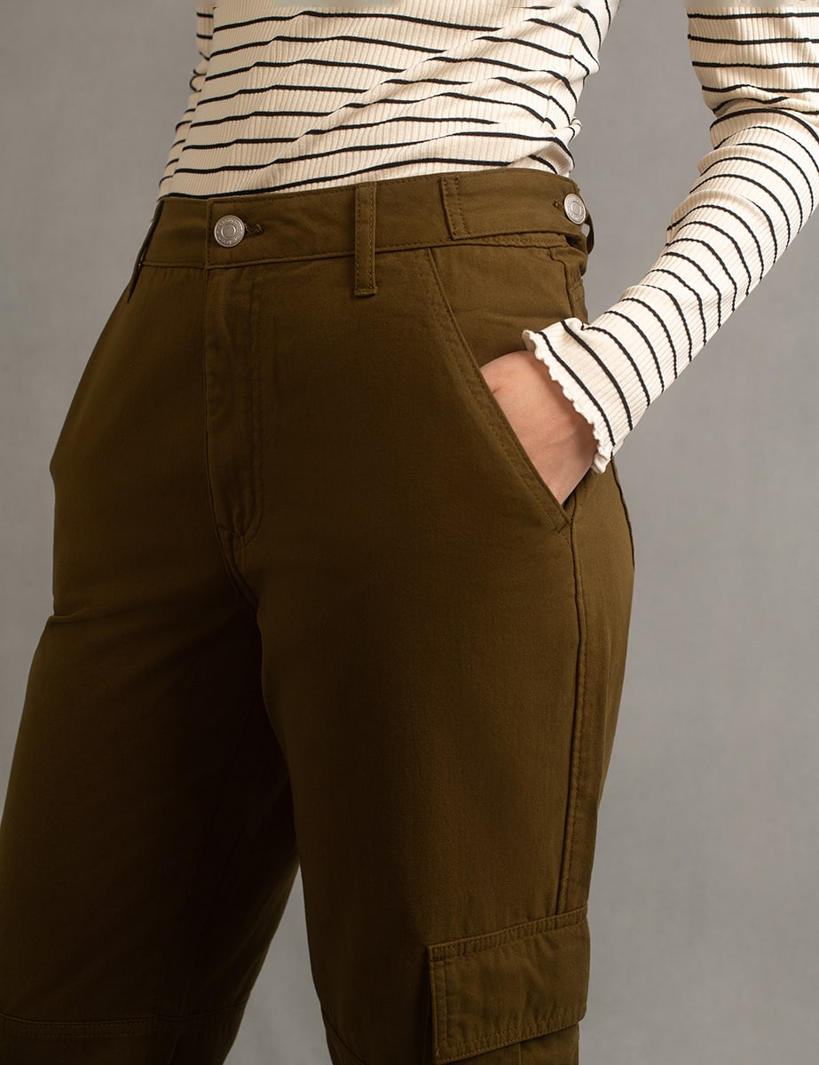 Khaki Green Cargo Utility Straight Leg Twill Trousers