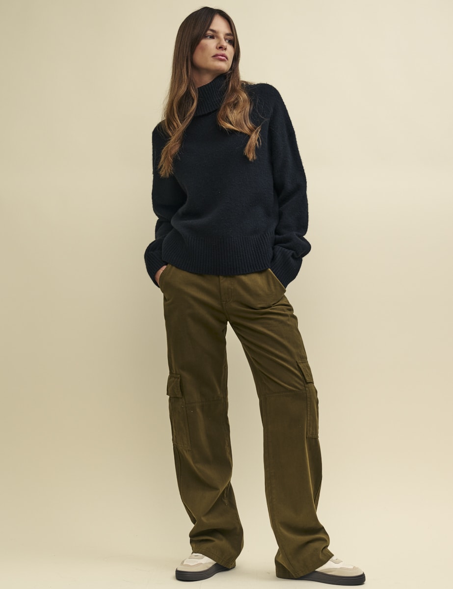 Khaki Green Cargo Utility Straight Leg Twill Trousers